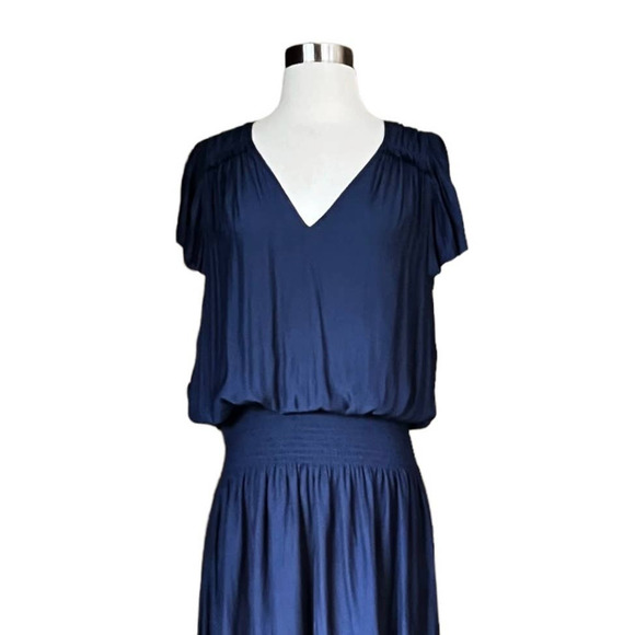 RAMY BROOK Yassi Dress Short Sleeves V-Neck Crepe Elastic Waist Blue NWT - Picture 4 of 10